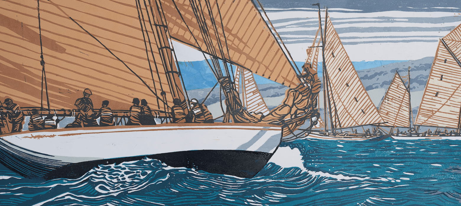 Lino print of ships sailing