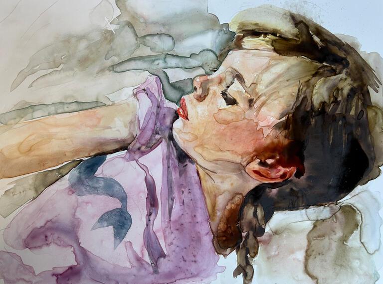 a watercolour work of a girl with brown hair sleeping