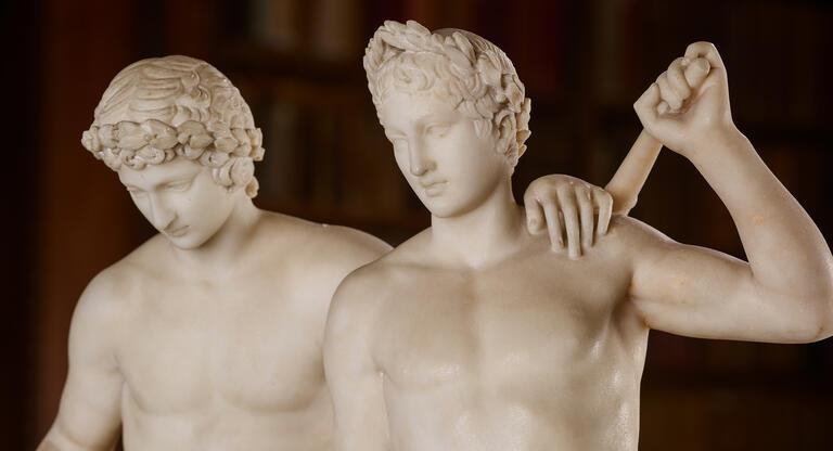 2 marble sculptures of men after the antique Caster and Pollox