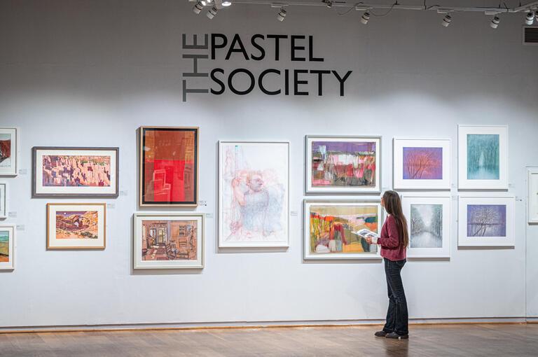 Lady looking at artwork on wall of Pastel Society exhibition