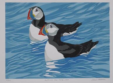 Puffins on the sea