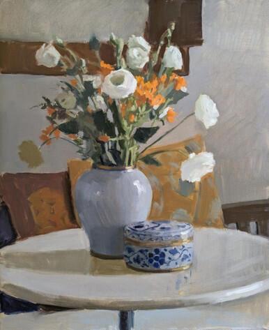 Orange Flowers, Blue Vase