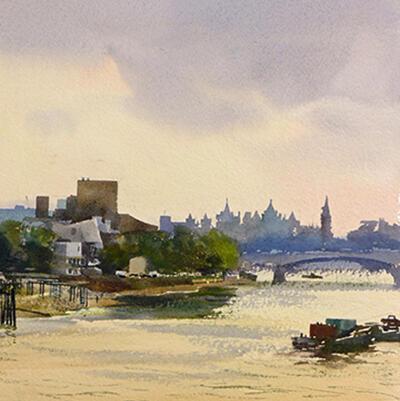 Geoff Hunt PPRSMA; Sunset from Blackfriars Bridge; Watercolour;_listing_400x400.jpg