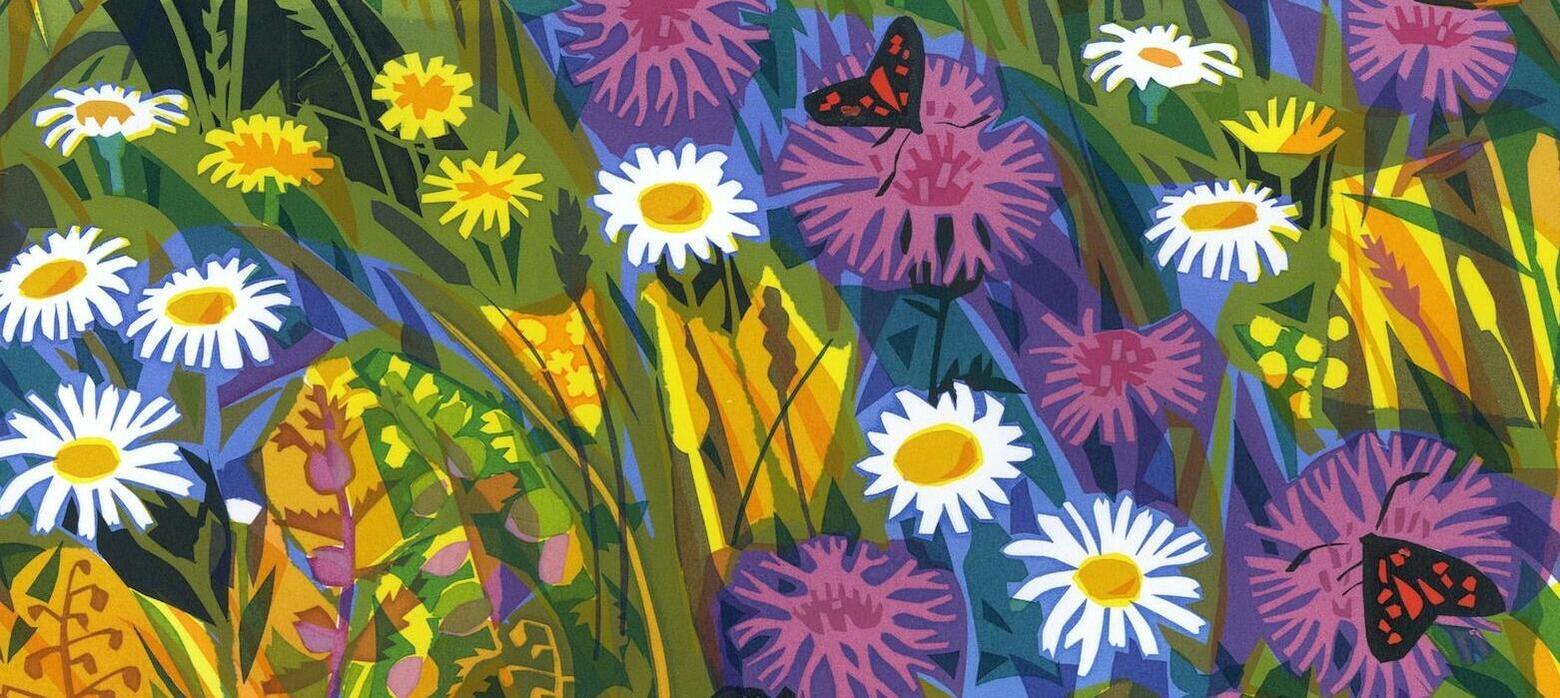 print of butterflies on colourful flowers