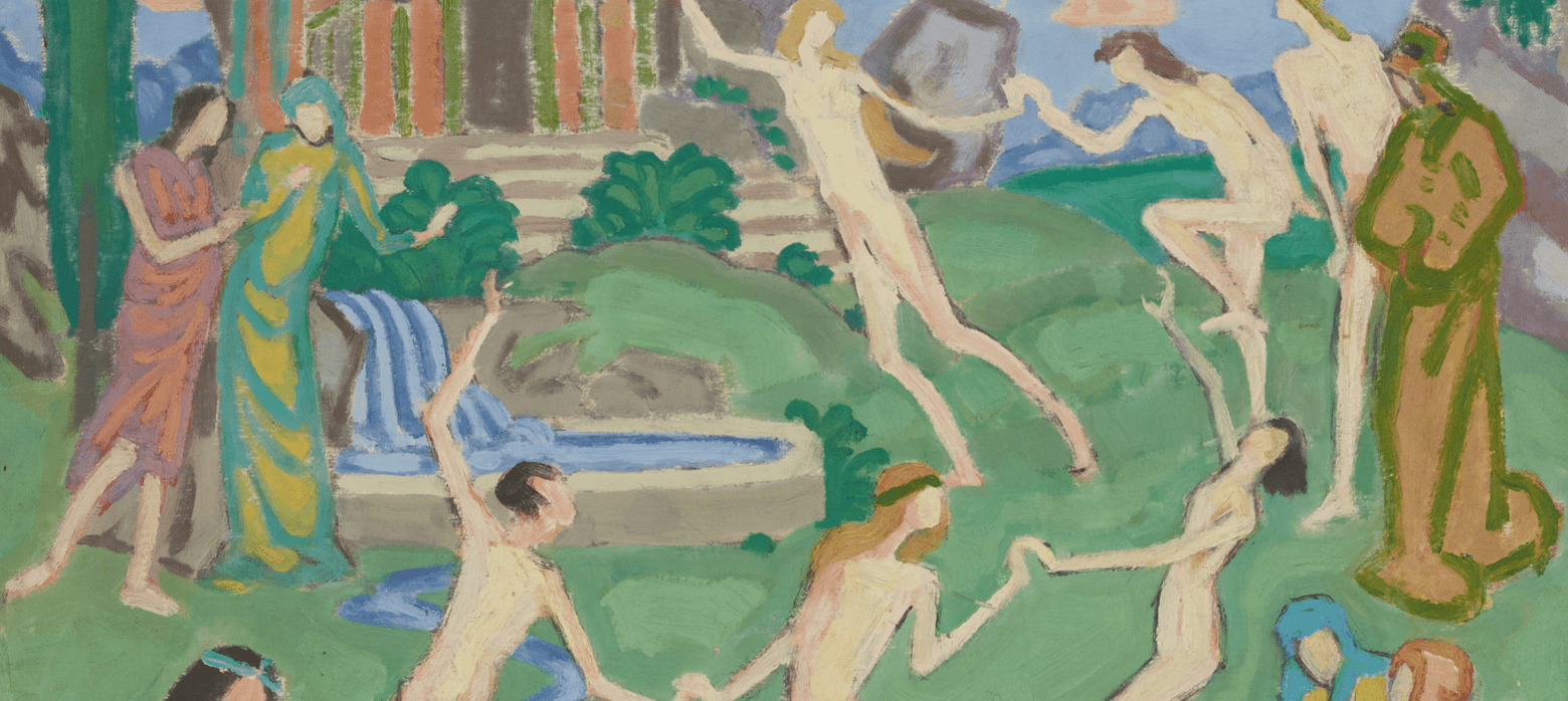 Abstract painting of naked figures dancing in a lush green garden with a fountain and chapel in the background