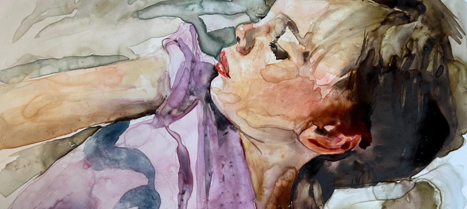 a watercolour work of a girl with brown hair sleeping