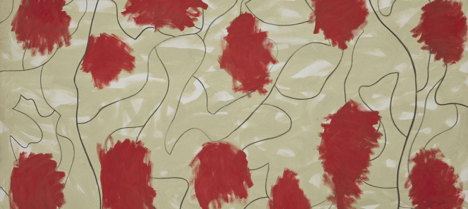 Painting on a beige background with red abstract pattern