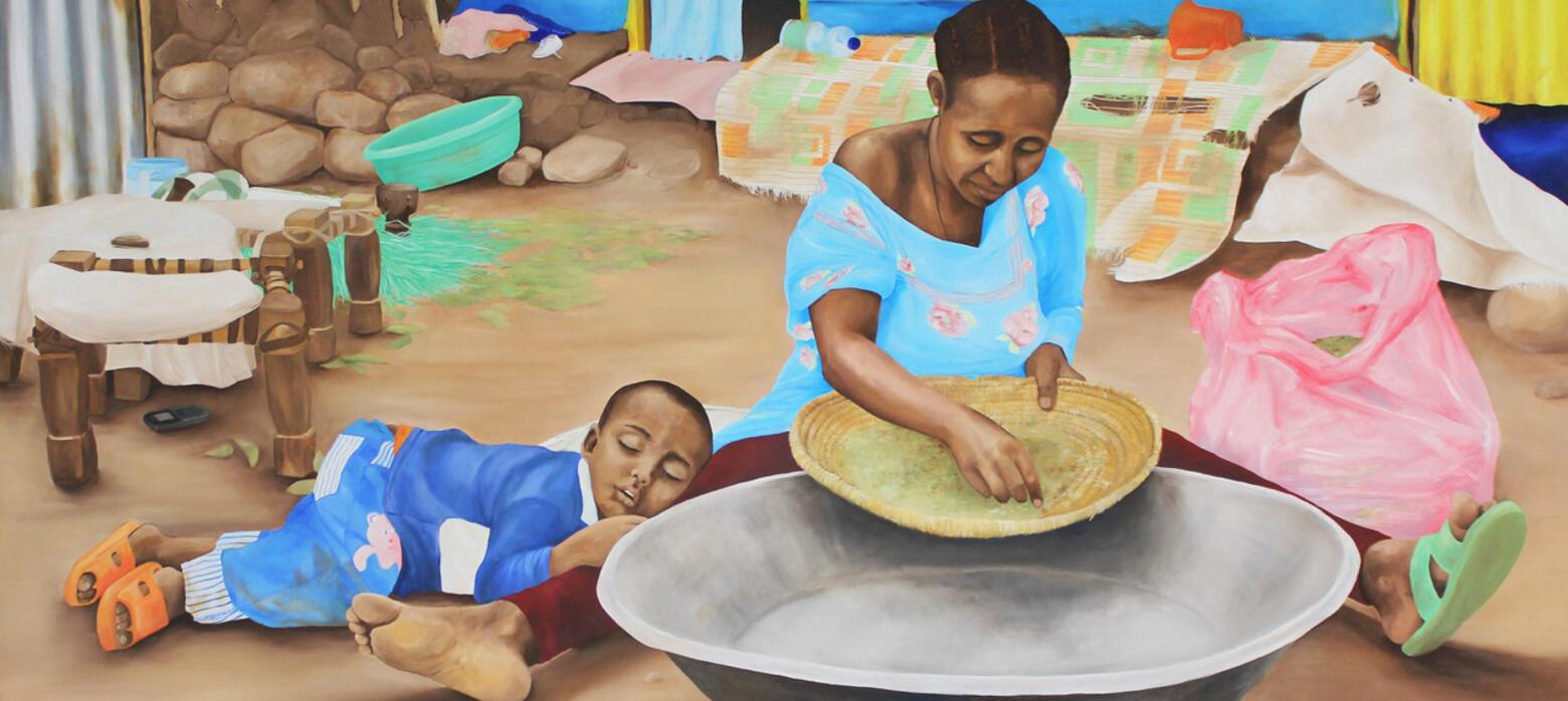 Painting of a woman washing dishes while a boy sleeps next to her