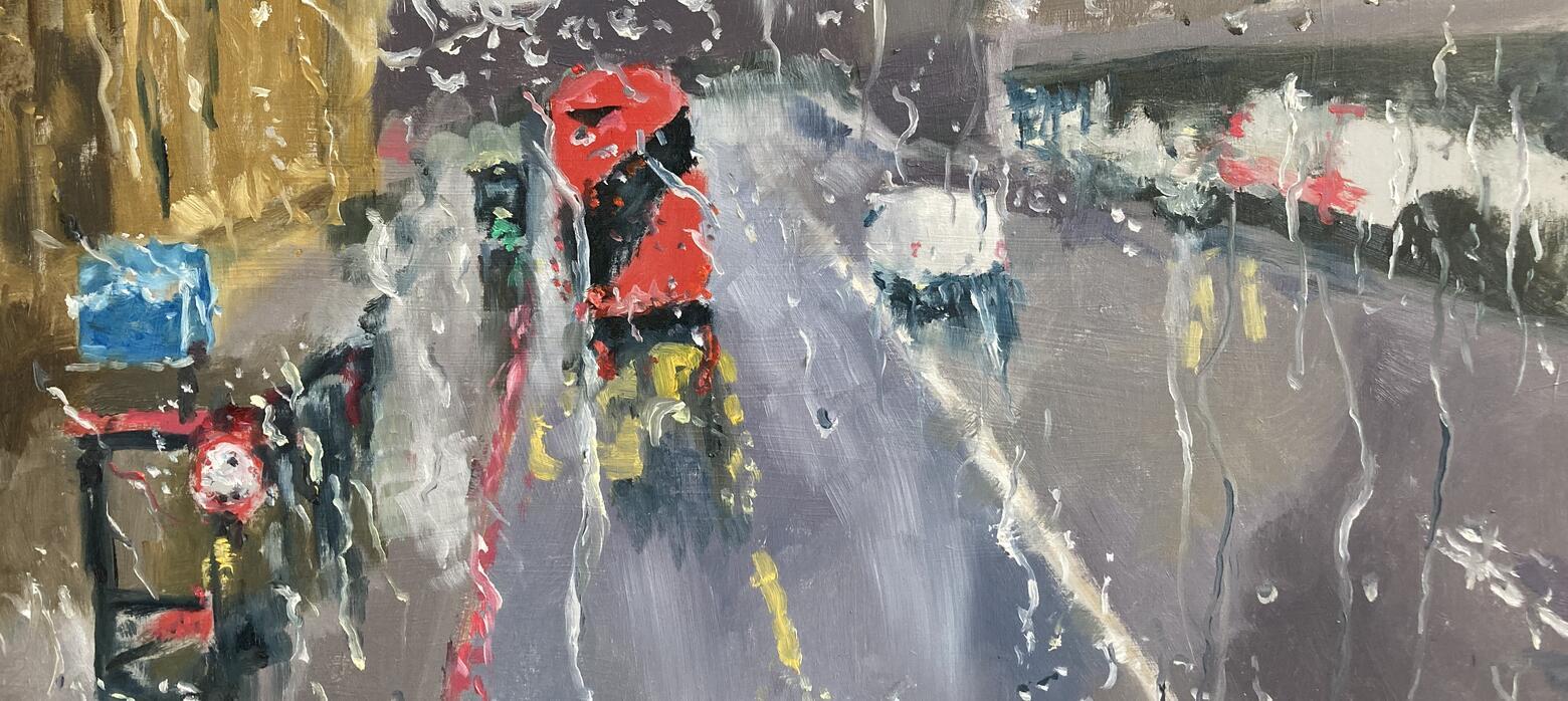 painting of a raining view of an urban street from the front of a double decker bus