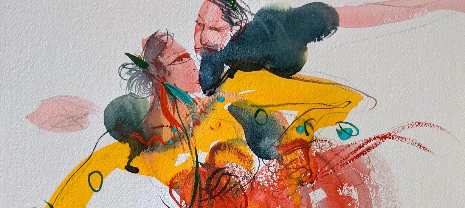 bright colourful watercolour painting of two dancers