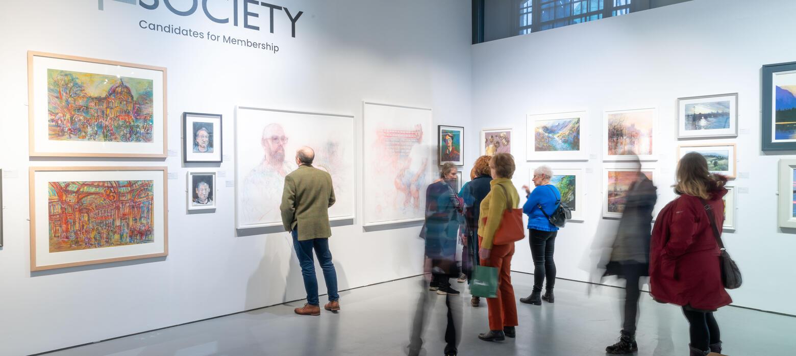 Crowd of people at Pastel Society Exhibition