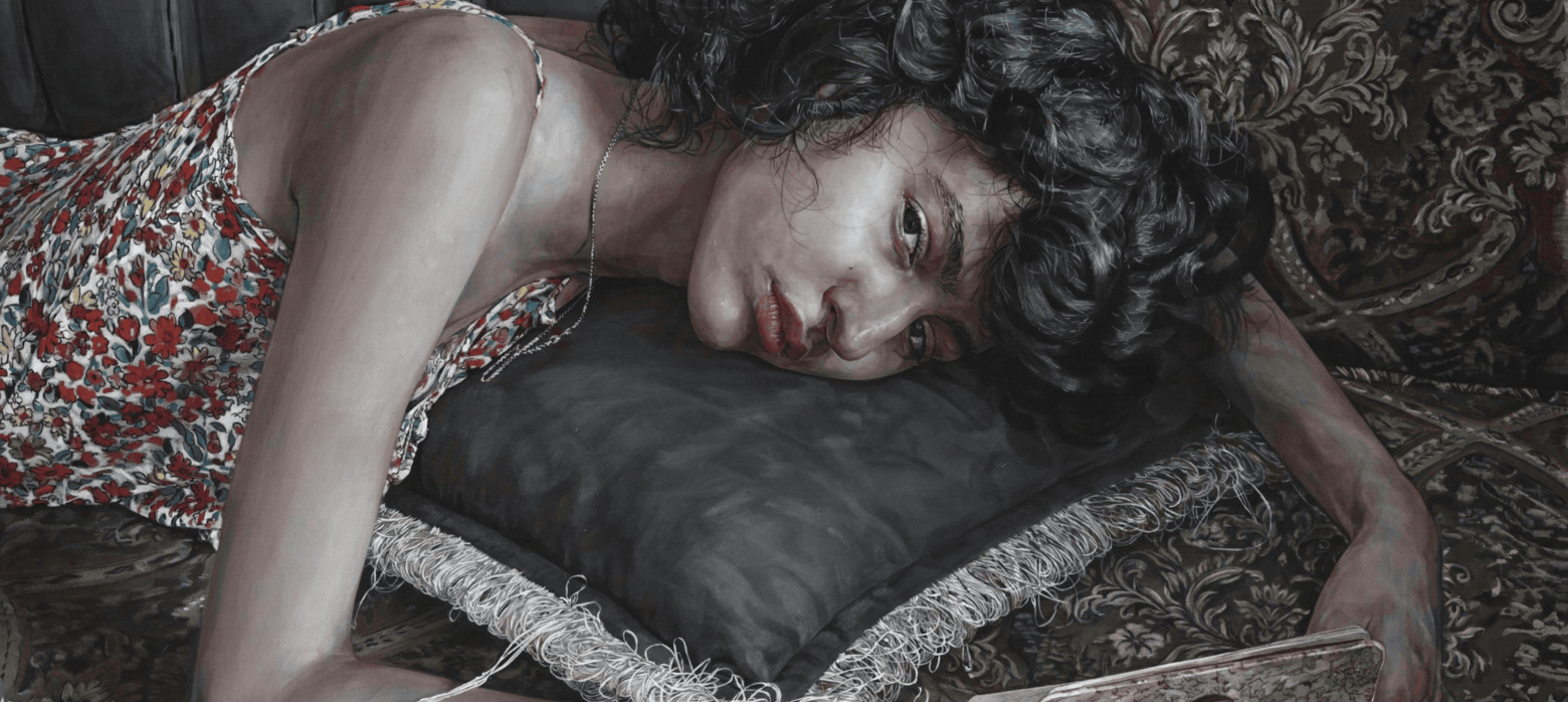 Realistic painting of dark haired woman lying down holding a purse open, holding eye contact with the viewer