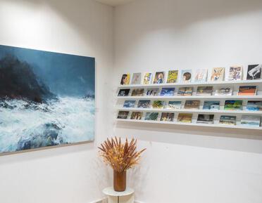 Shelves with postcards