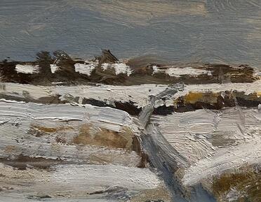 Snowy landscape painting with thick impasto brushstrokes