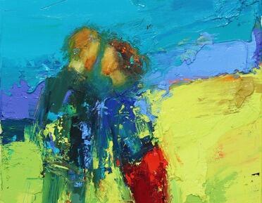 abstract painting of two people warmly leaning into each other