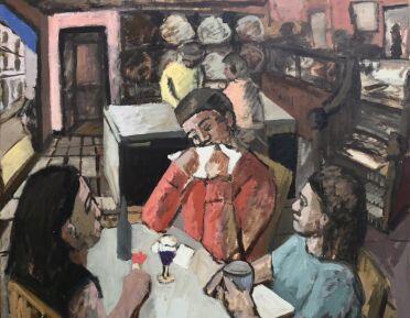 Drawing of three people at a table in a restaurant 