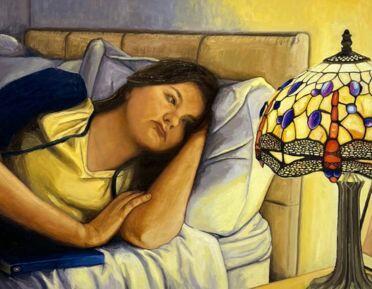 painting of a woman lying on a bed looking at a lamp