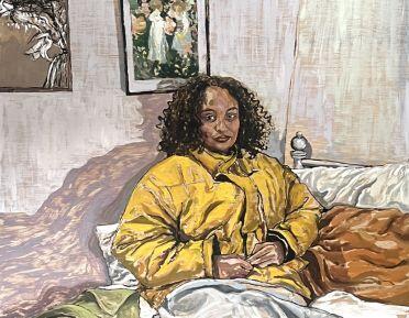 Painting of a woman sat on a bed in a yellow coat