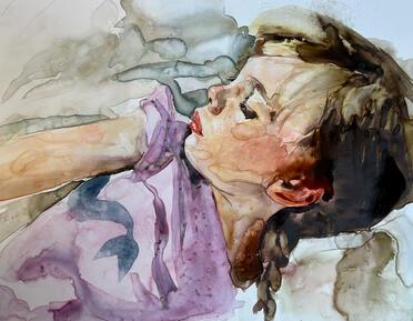 a watercolour work of a girl with brown hair sleeping