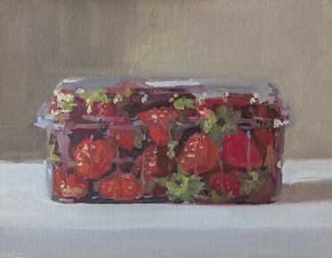 Oil painting of strawberries in plastic punnet by Lotta Teale