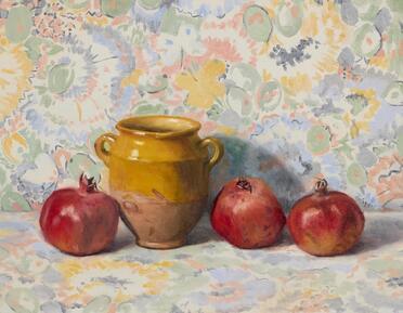 Still life of yellow pot and pomegranates