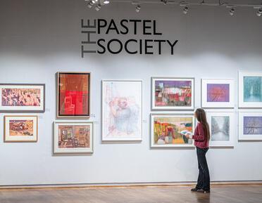 Lady looking at artwork on wall of Pastel Society exhibition