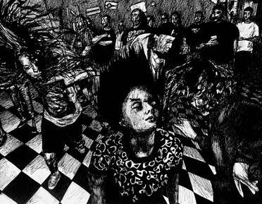 Black and white drawing of a person dancing on a checkered floor with crowd behind